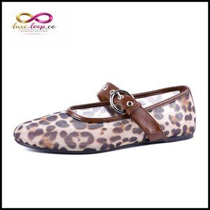 Leopard Mesh Ballet Flats with‎ Buckle Strap, Round Toe Slip On Shoes
